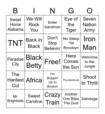 Best Rock Songs Bingo Card