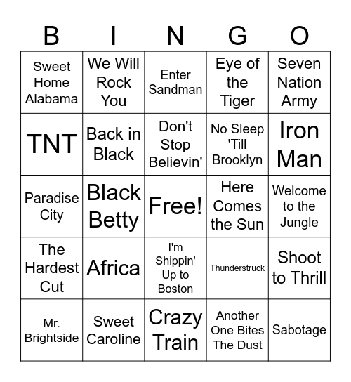 Best Rock Songs Bingo Card