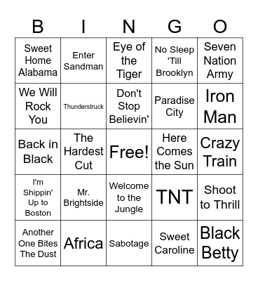 Best Rock Songs Bingo Card