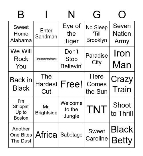 Best Rock Songs Bingo Card