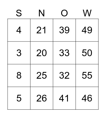 SNOW Bingo Card