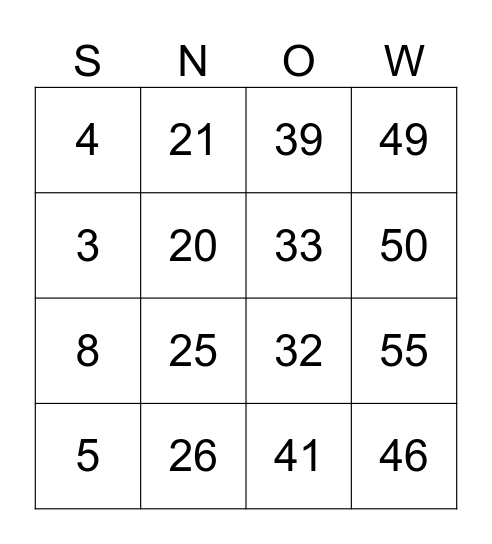 SNOW Bingo Card