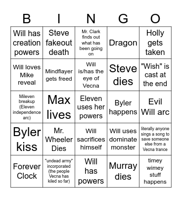 Stranger Things Season 5 Bingo Card