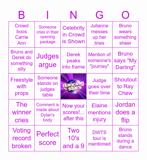 Dancing with the Stars Finale Bingo Card