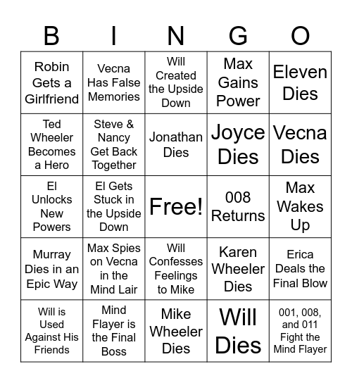Stranger Things Season 5 Bingo Card