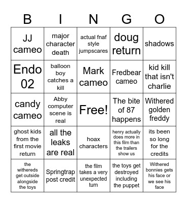 FNAF 2 Bingo Card