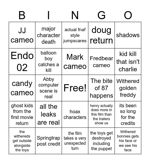 FNAF 2 Bingo Card