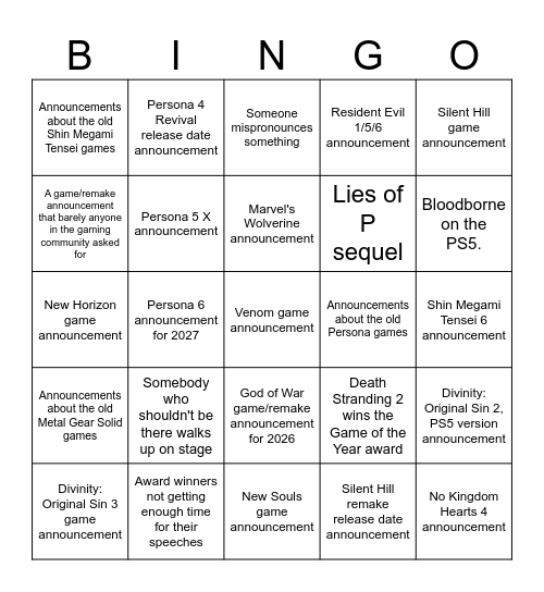 The Game Awards 2025 Bingo Card