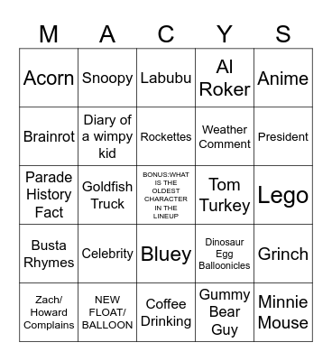 Thanksgiving Day Parade Bingo Card
