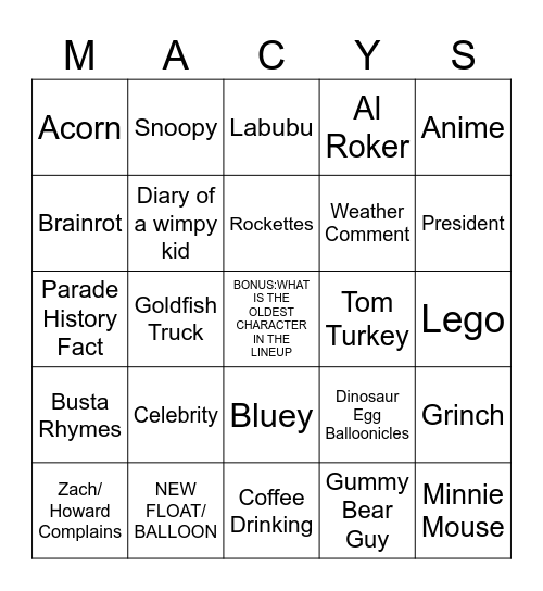 Thanksgiving Day Parade Bingo Card