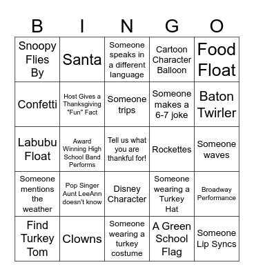 Parade Bingo Card
