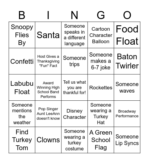 Parade Bingo Card