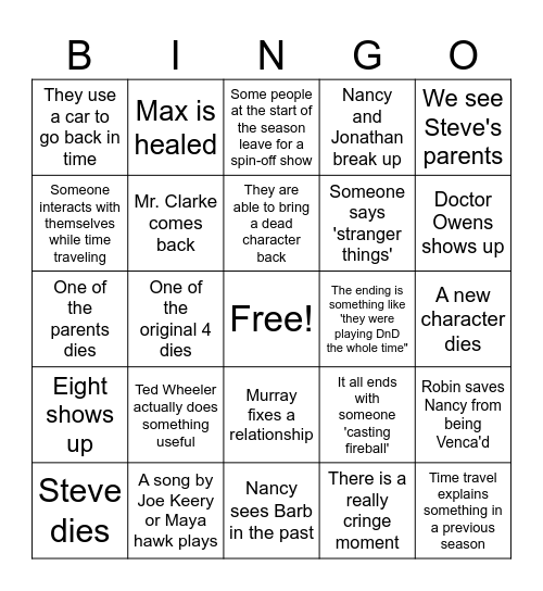 Stranger Things Season 5 Bingo Card