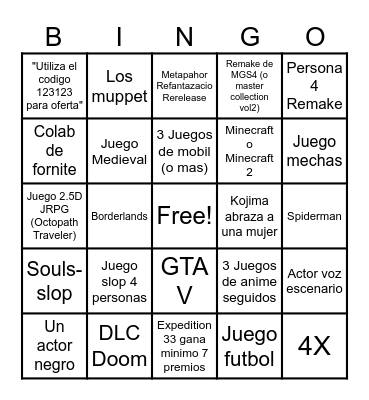 Game Awards 2025 Bingo Card