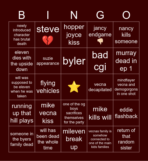 Stranger Things Bingi Bingo Card