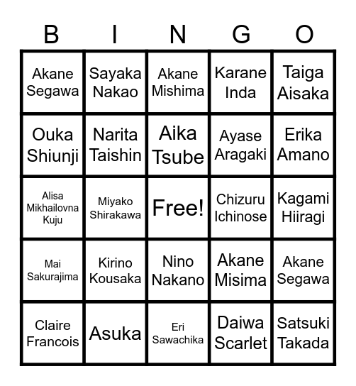Tsunderes Bingo Card