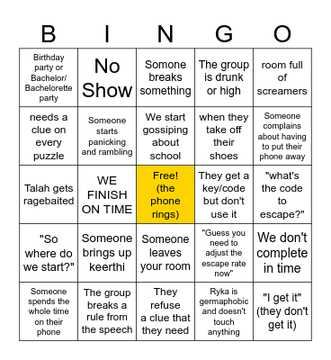 Escape Room Bingo Card