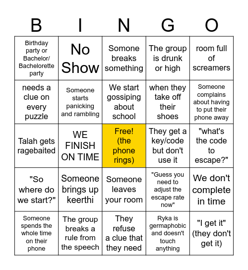Escape Room Bingo Card