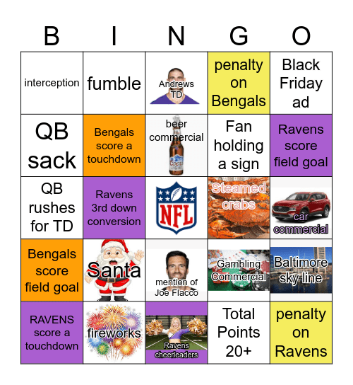 Thanksgiving Ravens Football 2025 Bingo Card