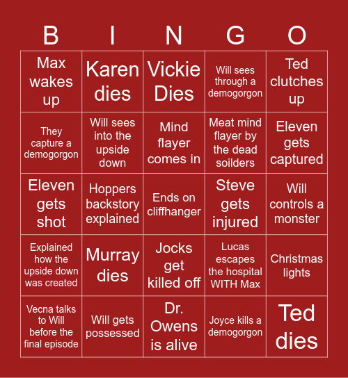 Stranger Things Vol 1. Bingo Card