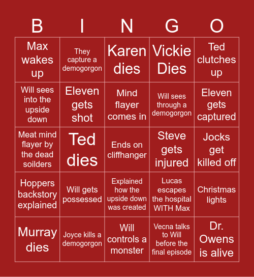 Stranger Things Vol 1. Bingo Card