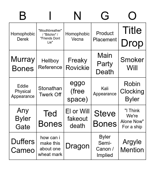 STRANGER THINGS 5 Bingo Card