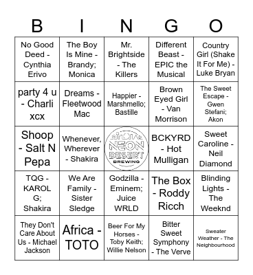 All Genres Music Bingo Card