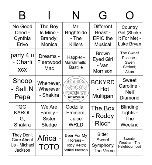 All Genres Music Bingo Card