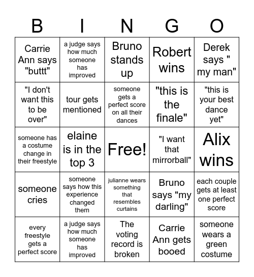 DWTS Finale Bingo Card