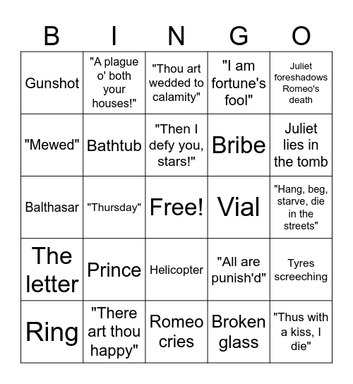 Romeo + Juliet (2nd half) Bingo Card