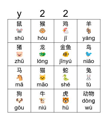 Chinese zodiac bingo Card