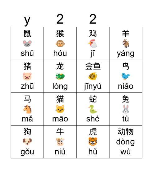 Chinese zodiac bingo Card