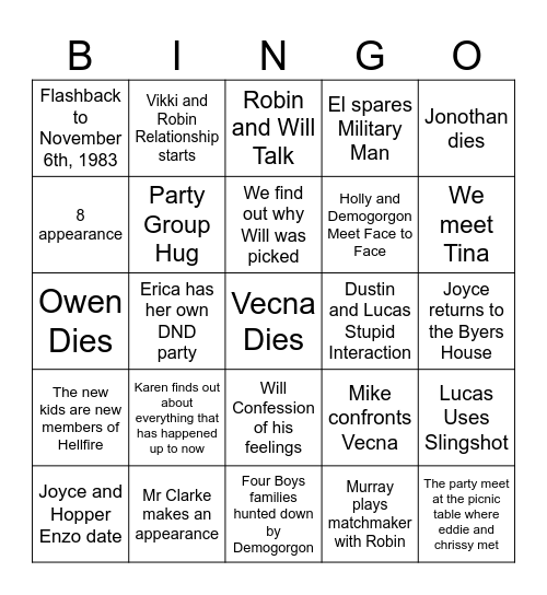 Stranger Things 5 Bingo Card