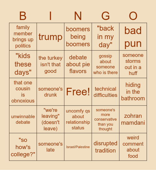 Thanksgiving Bingo 2025 Bingo Card