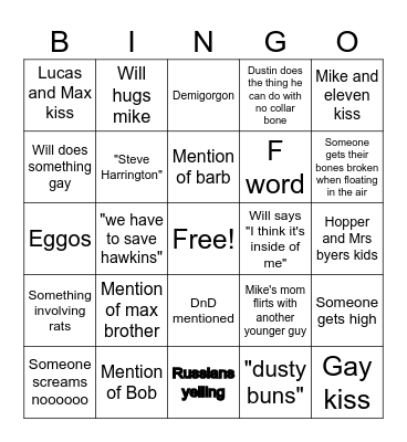 Stranger things Bingo Card