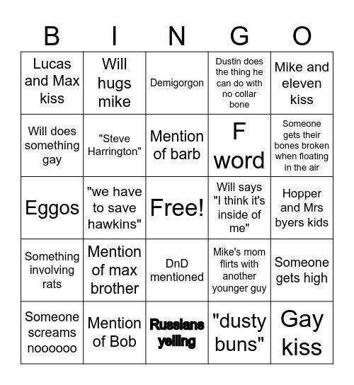 Stranger things Bingo Card
