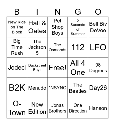 Boy Bands Bingo Card