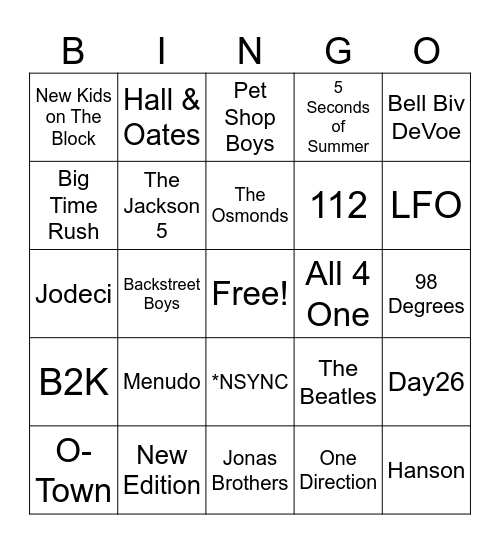 Boy Bands Bingo Card