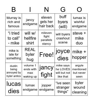 stranger things 5 bingo Card