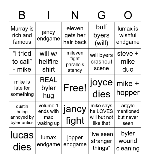 stranger things 5 bingo Card