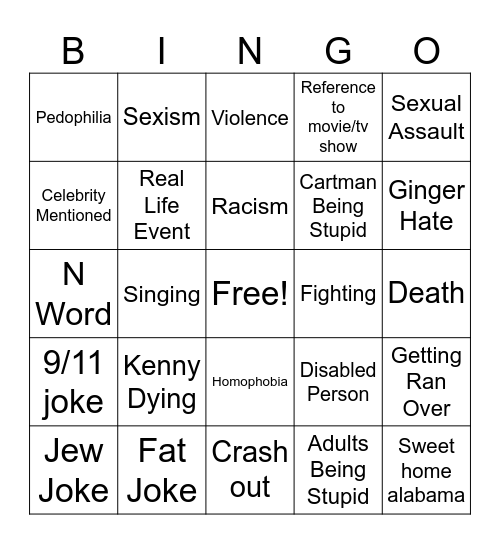 South Park Bingo Card