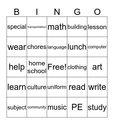 Schools around the world Bingo Card