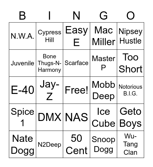 Gangster Rap Bingo Card
