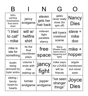 stranger things 5 bingo Card
