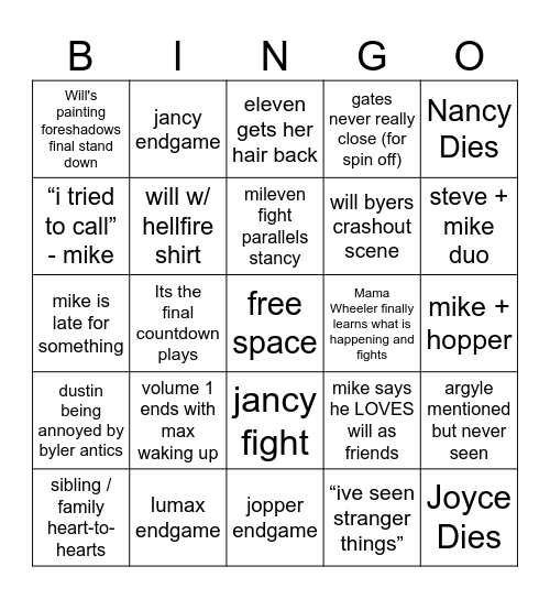 stranger things 5 bingo Card