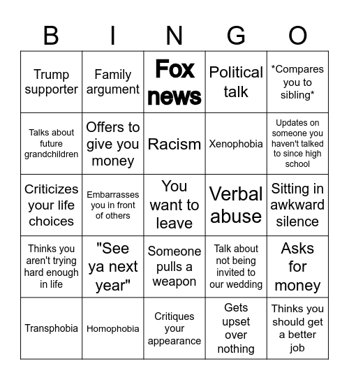 Toxic Family Bingo Card