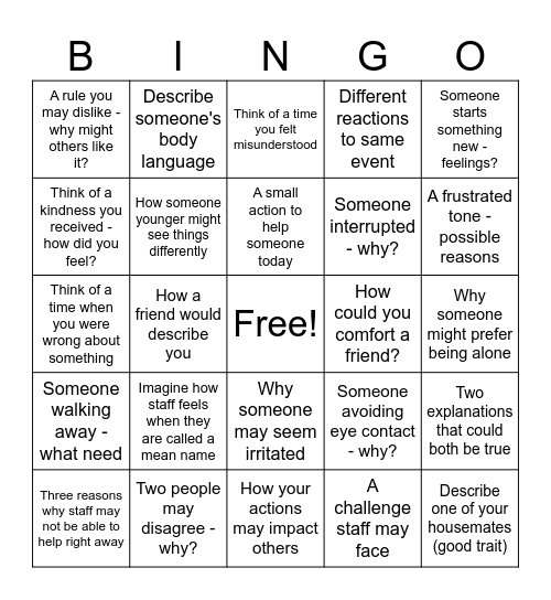 Perspective Taking Bingo Card