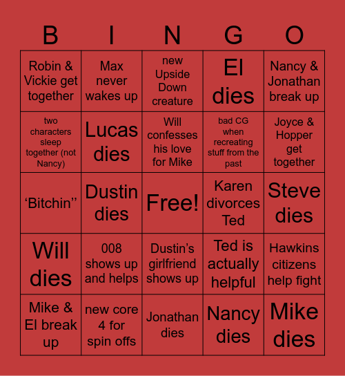 Stranger Things season 5 Bingo Card