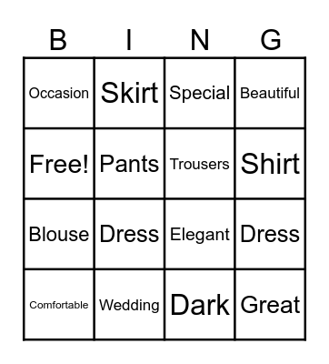 Clothes and special occasions Bingo Card