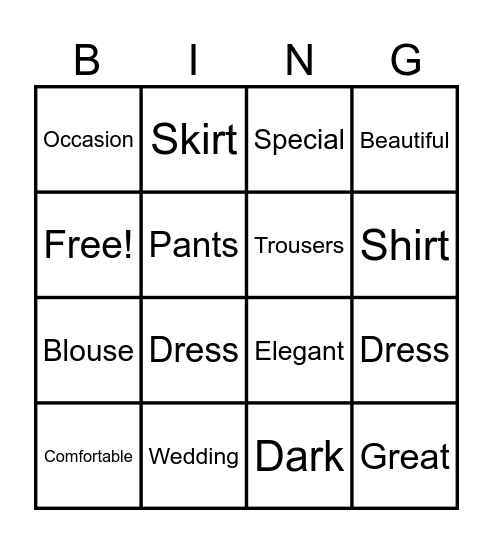 Clothes and special occasions Bingo Card